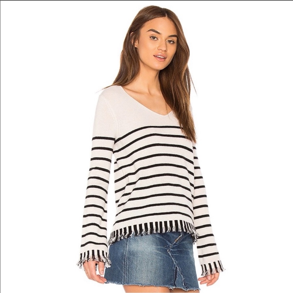 REVOLVE White + Warren Fringed V-Neck Sweater